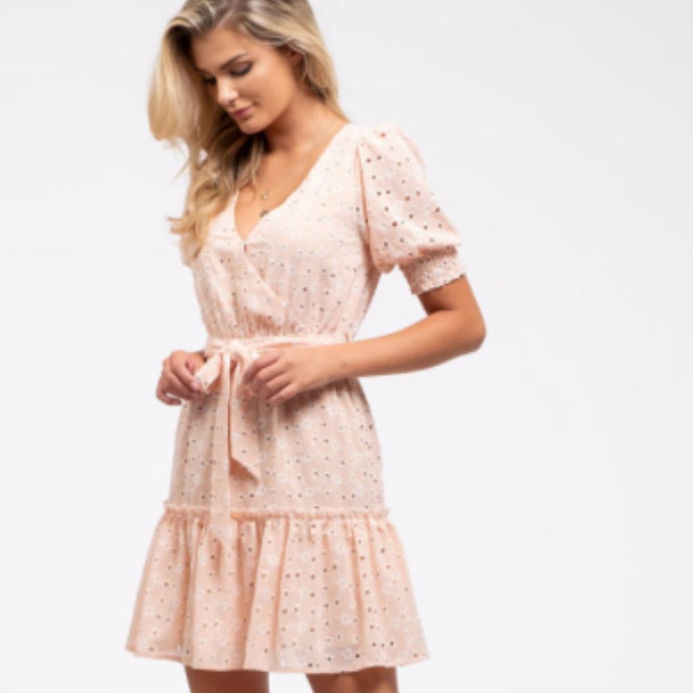 Peach Eyelet Belted Dress